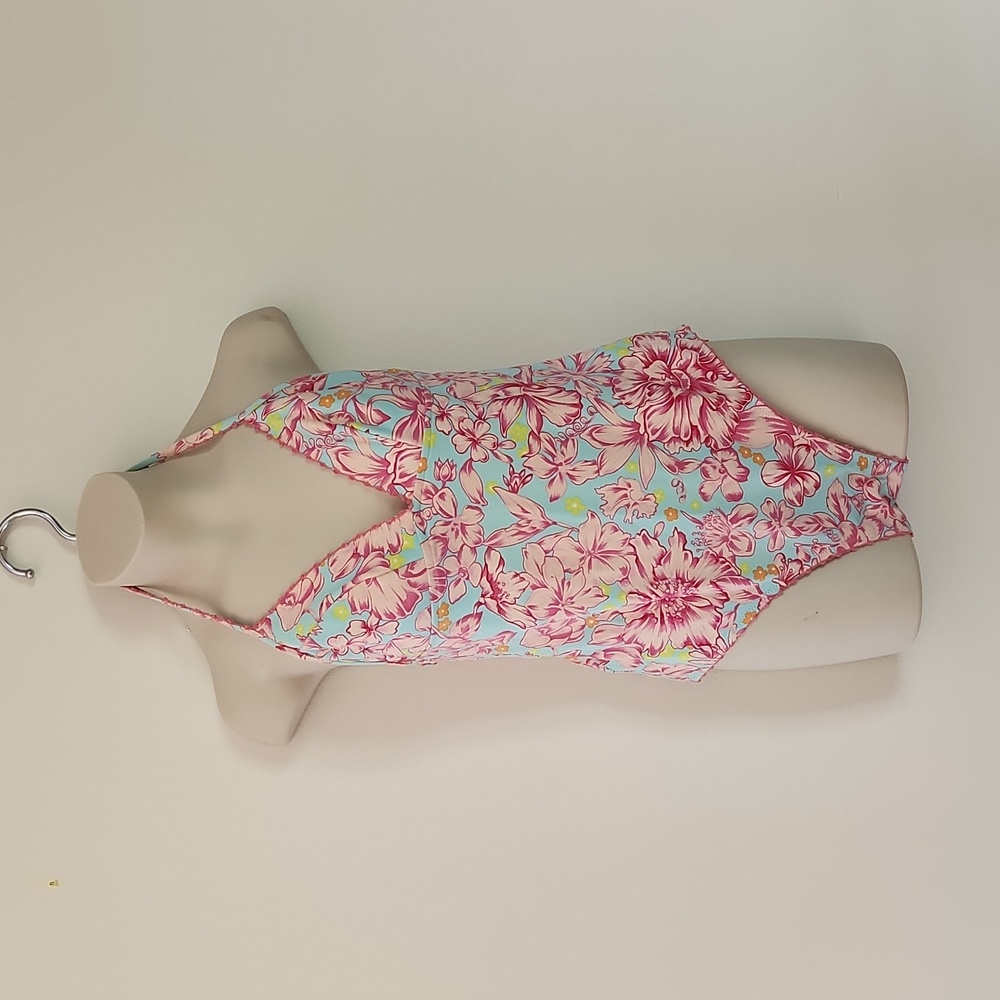 Rosa Ferrer one piece swimsuit pink and turquoise floral bathing suit size 10 - Picture 2 of 9